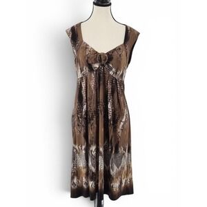 Brown Abstract Tribal Print Midi Dress 10 Ring Detail Empire Waist Stretch Party